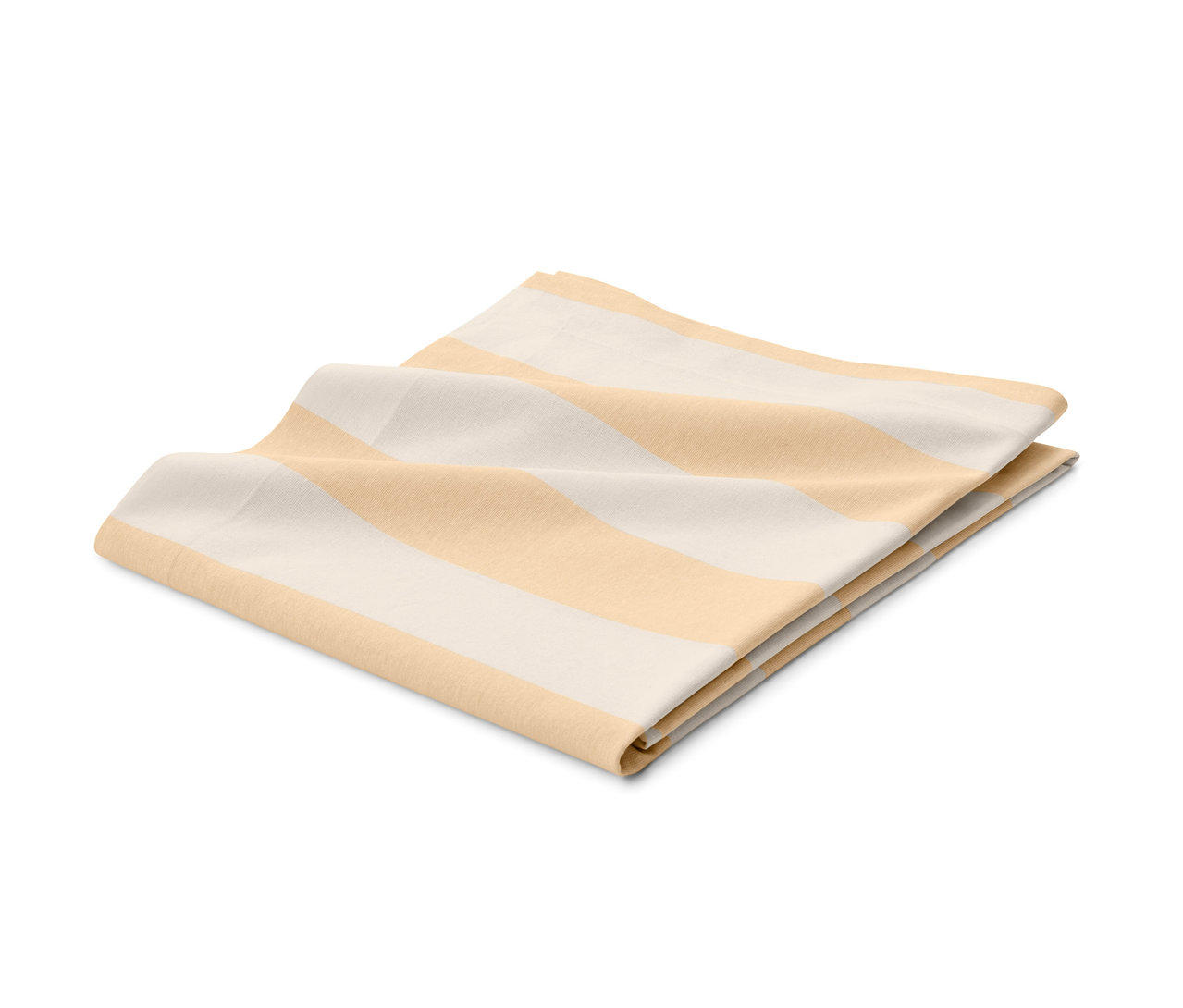 Összehajtott, sárga és fehér csíkos asztalterítő.