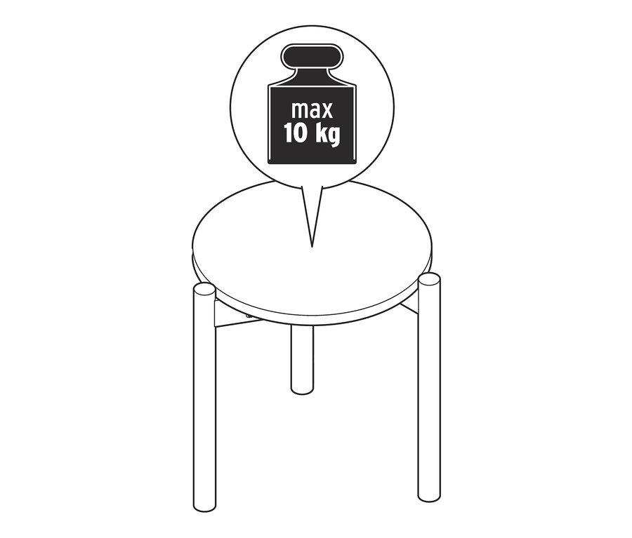 Egy kerek asztal ábrája, melynek maximális terhelhetősége 10 kg.