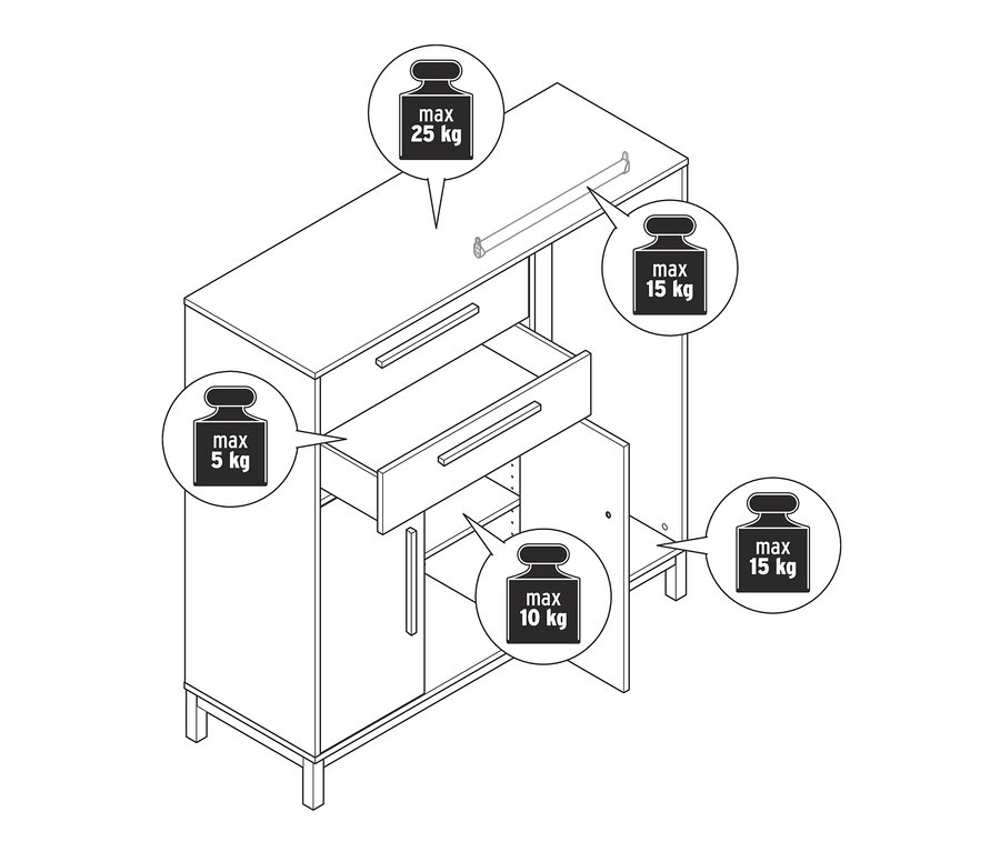Rajz egy »Eklund« komódról ruhasínnel, nyitott fiókokkal és szekrénnyel.