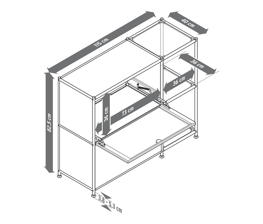 Egy »CN3« fém komód illusztrációja 2 lenyíló ajtóval és méretekkel.