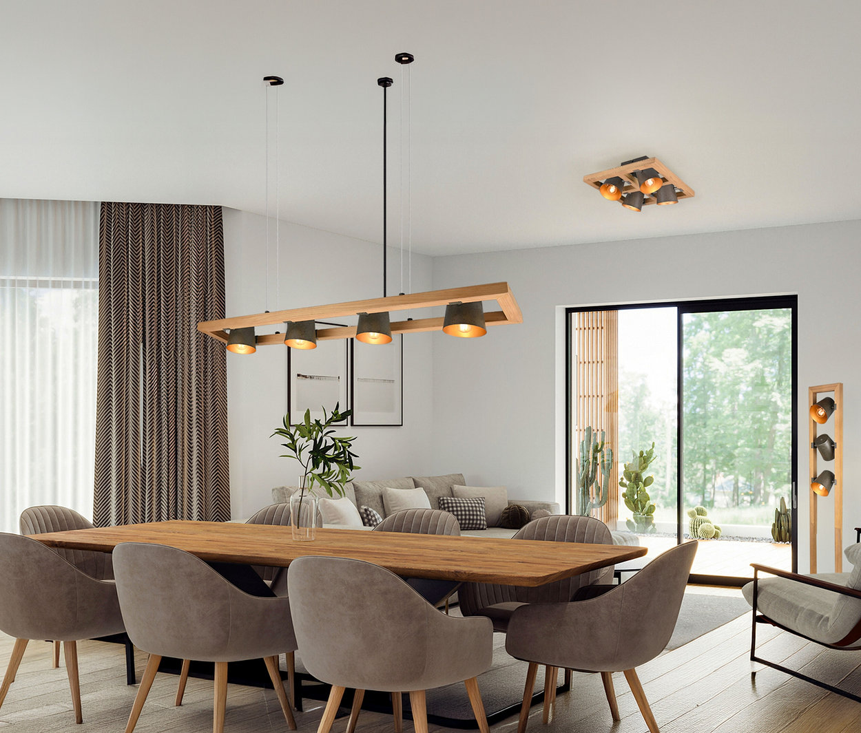 Étkezőasztal hat székkel a Trio »Bell« függőlámpa alatt, 4 világítótesttel. A mennyezeten egy másik Trio függőlámpa van felszerelve.