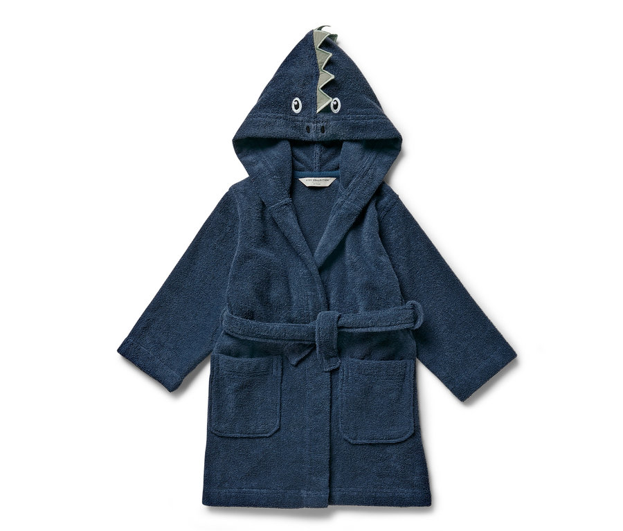 Kék gyerek fürdőköpeny sárkány mintával a kapucnin.