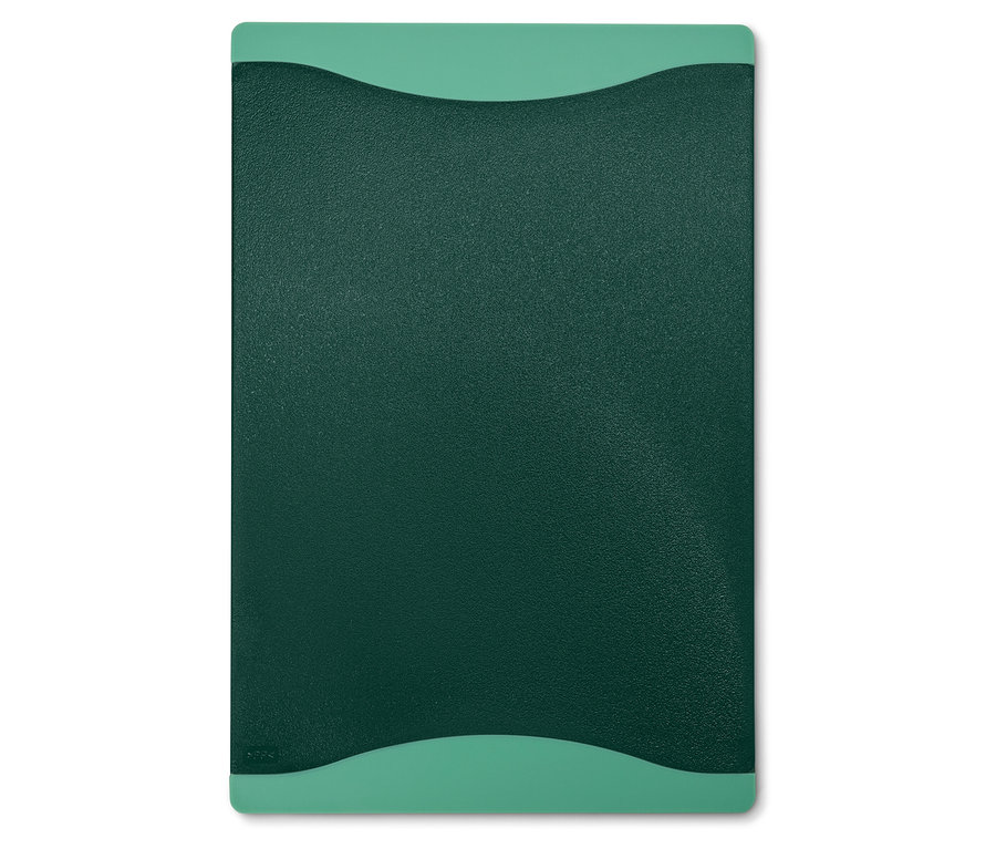 Zöld vágódeszka akvamarin hullámos fogantyúkkal mindkét oldalon.