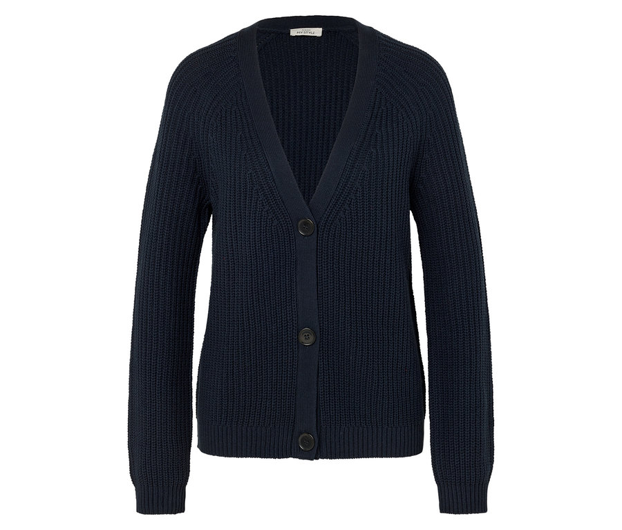 Tengerészkék kötött kardigán három gombbal.