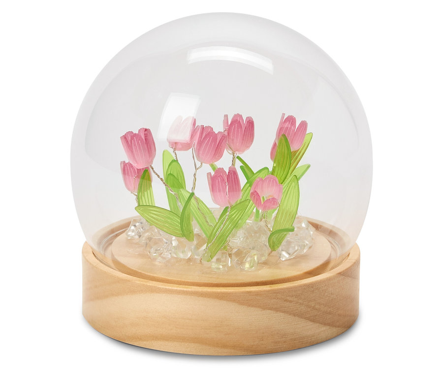 LED-DIY-Bastel-Set rózsaszín tulipánokkal üvegkupola alatt.