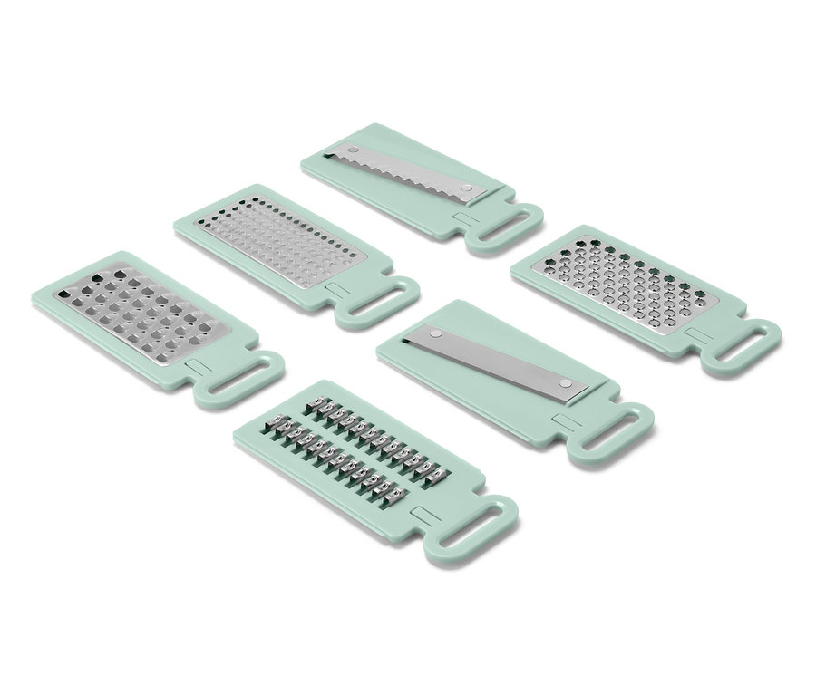 Hat világoszöld, különböző pengéjű reszelő fehér háttérrel.