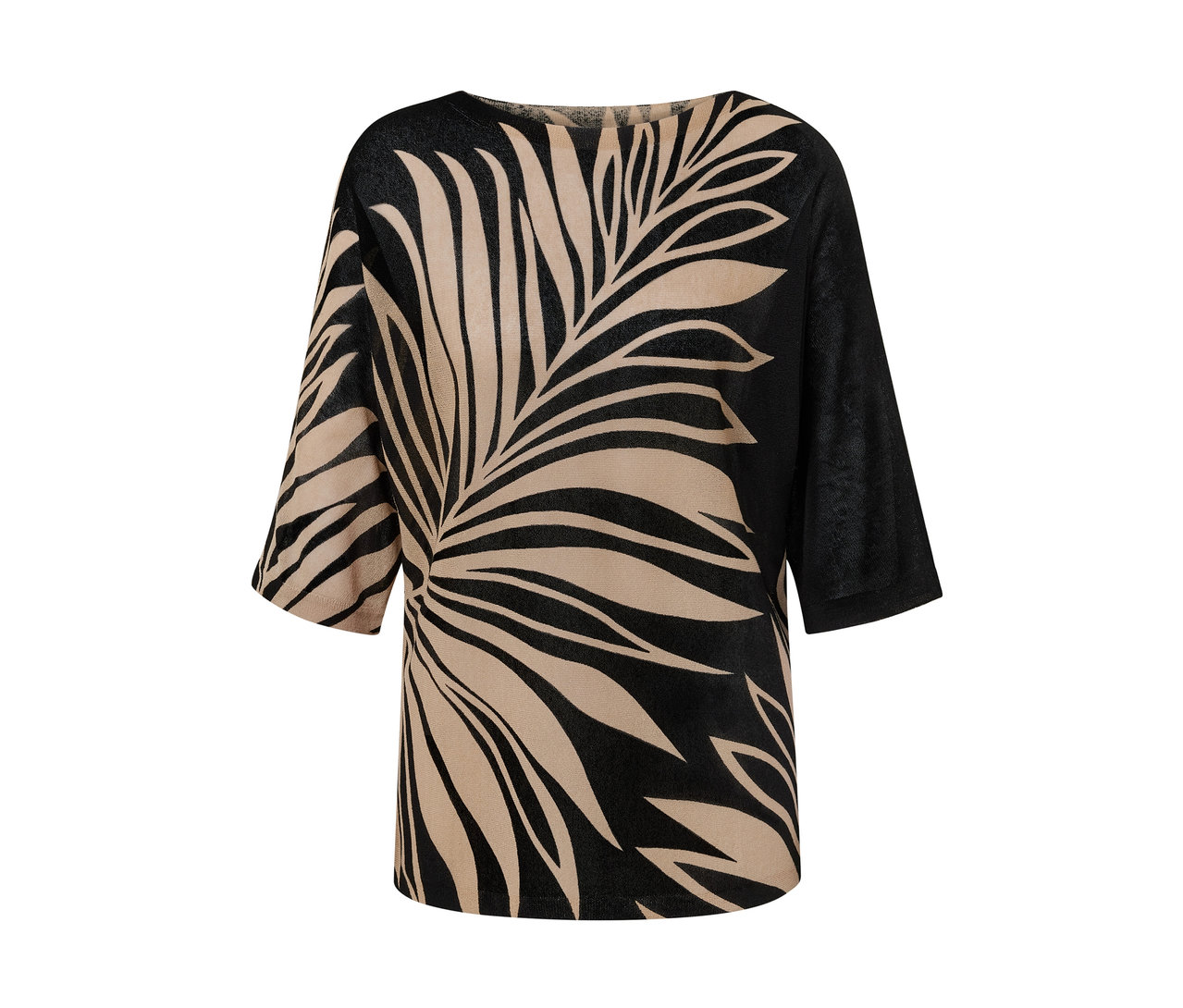 Egy nyomott mintás, finomkötésű pulóver részlete.