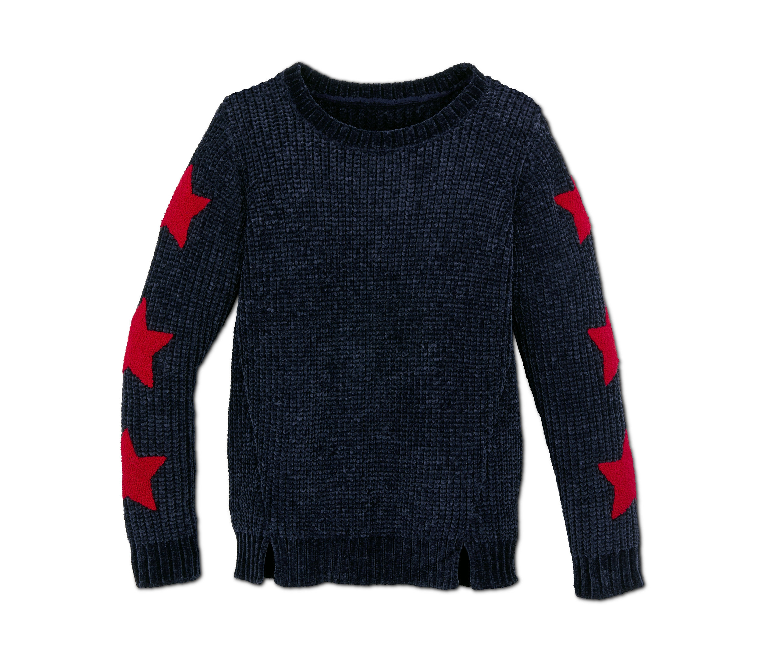 Sötétkék zsenilia pulóver piros csillagokkal az ujján.