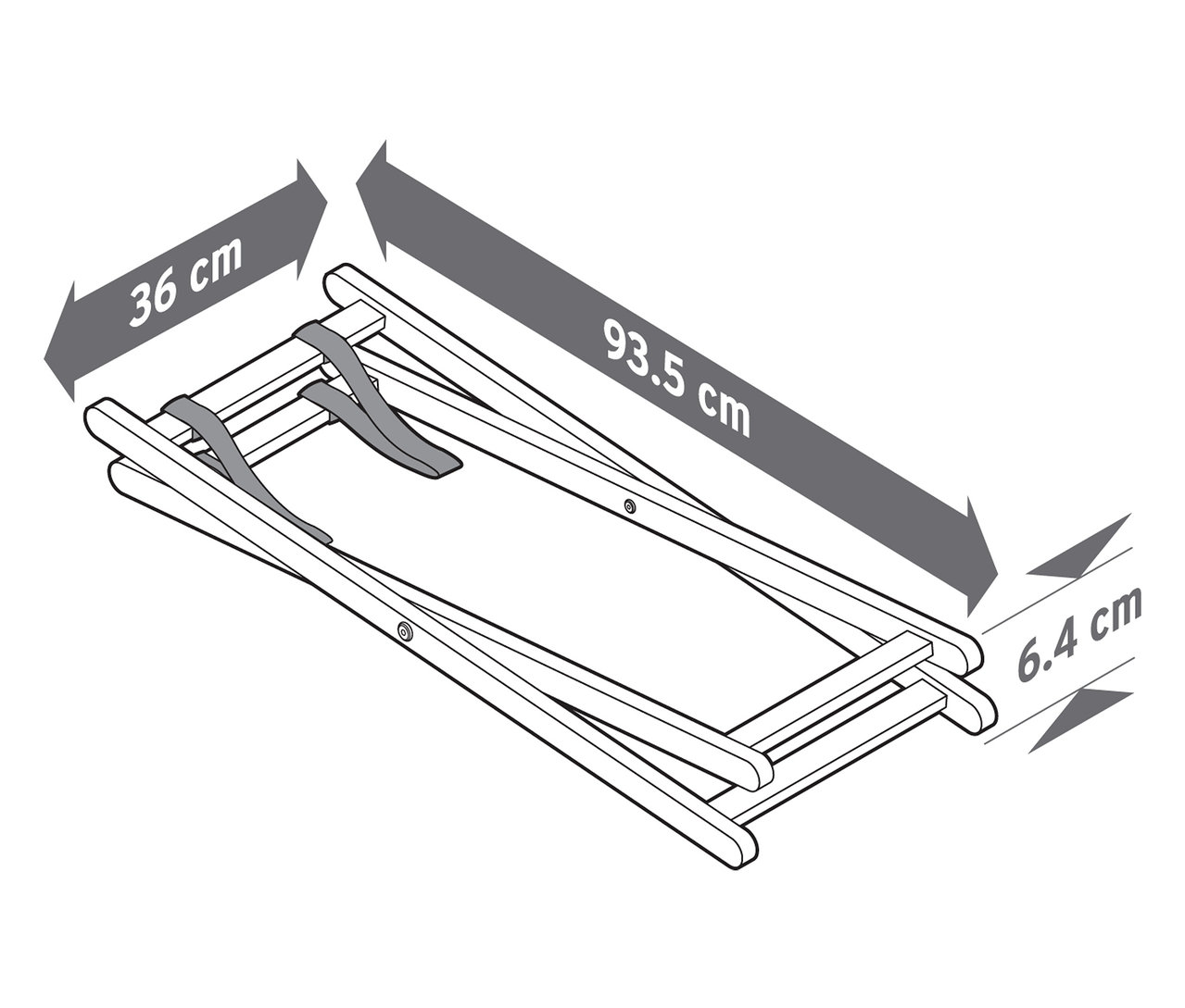 A fa összecsukható napozóágy méretei 36 cm x 93,5 cm x 6,4 cm.