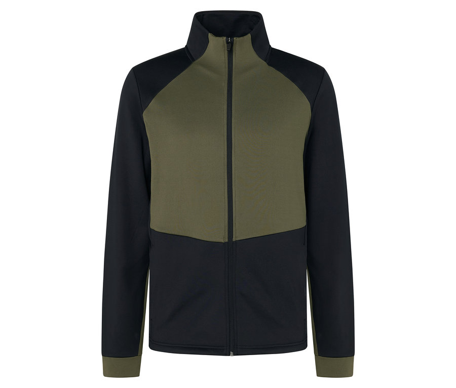 Zöld és fekete cipzáras kabát.