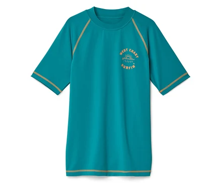 Türkiz rövid ujjú rashguard póló sárga szegéllyel és "West Coast Surfin" nyomtatással