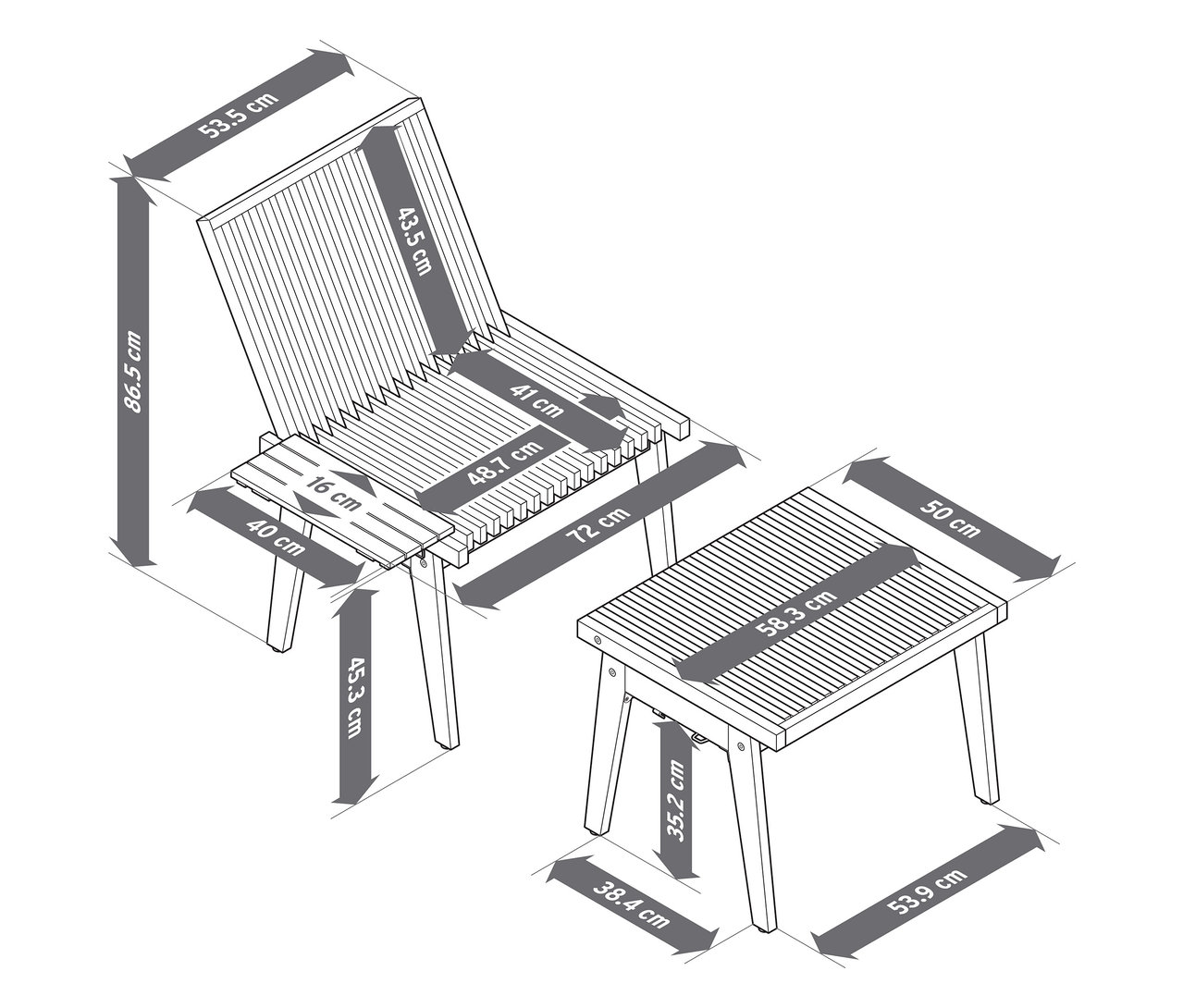 Egy rugalmas beszélgetőpad szék és zsámoly méreteit ábrázoló diagram.