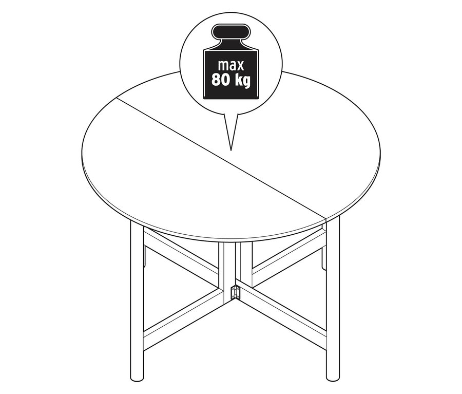 Felülnézet egy kerek asztalról, négy lábbal és egy grafikával, amely egy súlyt ábrázol „max. 80 kg” felirattal.
