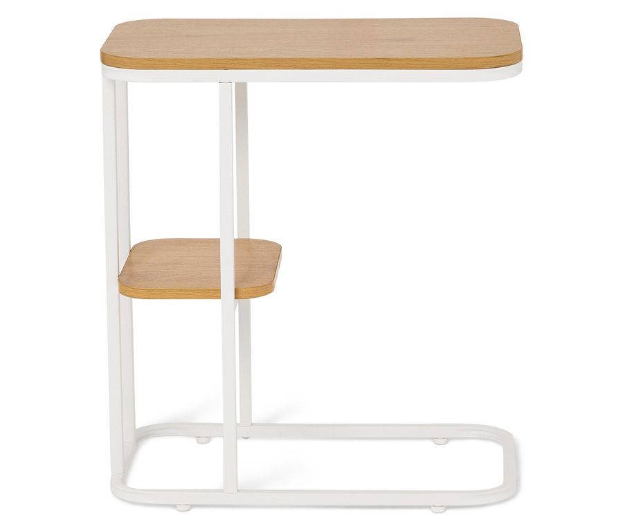 Oldalsó asztal világosbarna asztallappal és fehér vázzal.