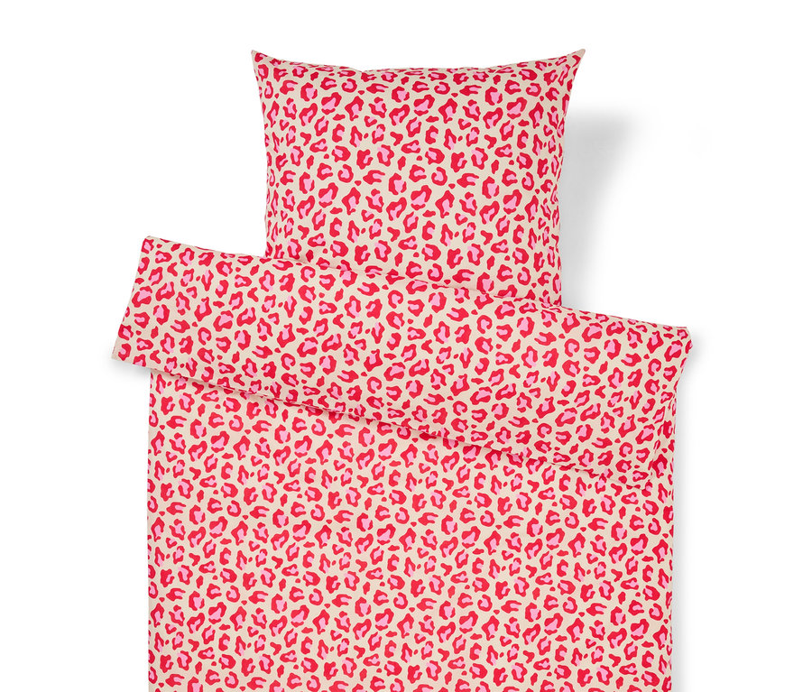 Ágyneműgarnitúra piros és rózsaszín leopárdmintával, párna- és paplanhuzatból áll.