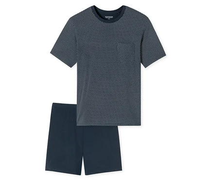 Tengerészkék SCHIESSER Shorty-Pyjama-Set pöttyös pólóval és rövidnadrággal.