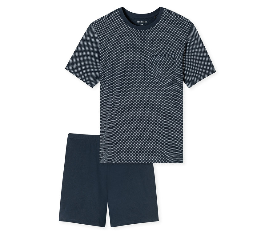 Tengerészkék SCHIESSER Shorty-Pyjama-Set pöttyös pólóval és rövidnadrággal.
