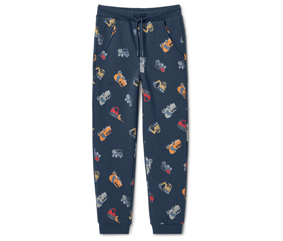 Egy hosszú, sötétkék színű tréning alsó, teljes felületén munkagépek mintájával.