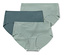 Három magas derekú női alsónadrág zöld és kék árnyalatokban egymásra helyezve.