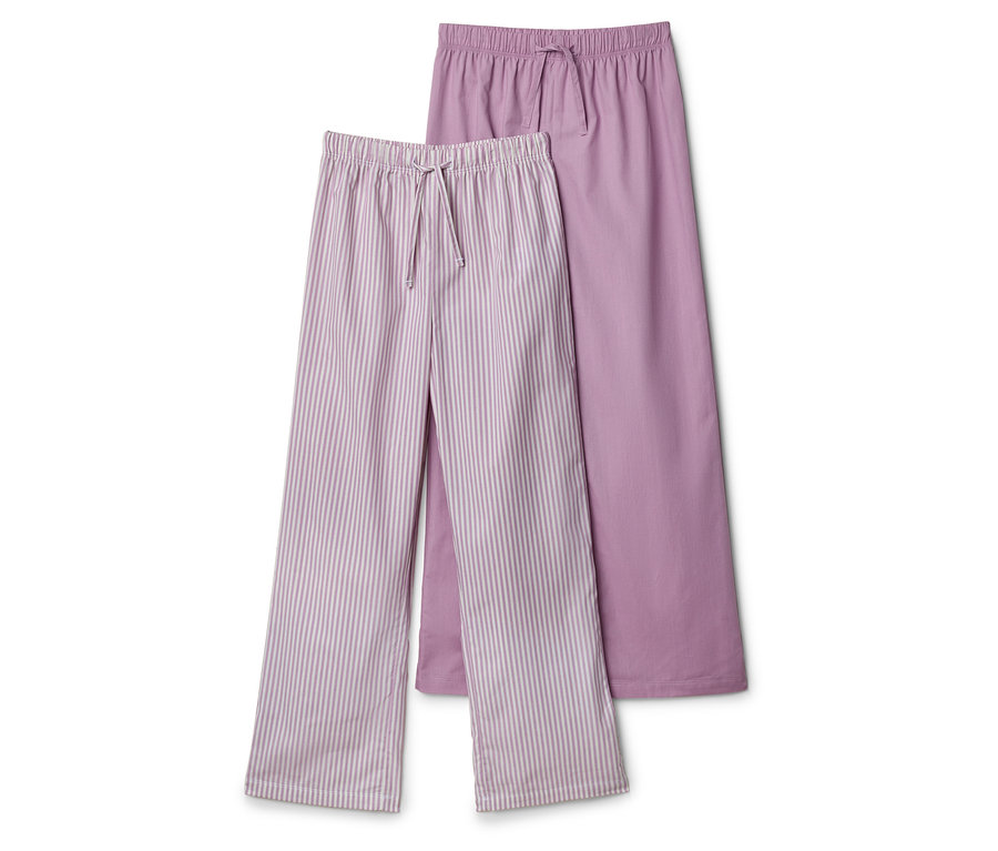 Két hosszú, lila pizsamanadrág, egy csíkos és egy egyszínű.