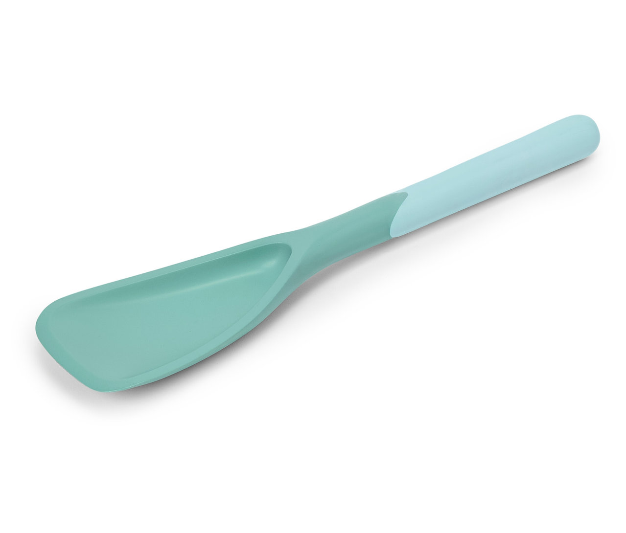 Egy türkiz színű spatula világoskék fogantyúval átlósan fekszik egy fehér háttéren.