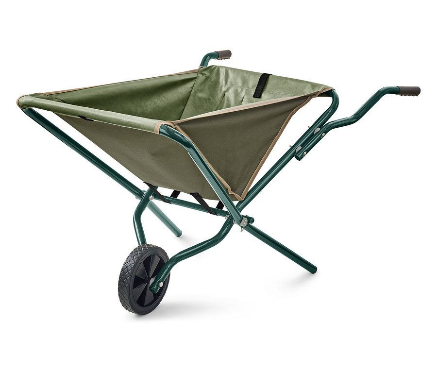 Egy zöld és olívazöld összecsukható talicska áll fehér háttér előtt.