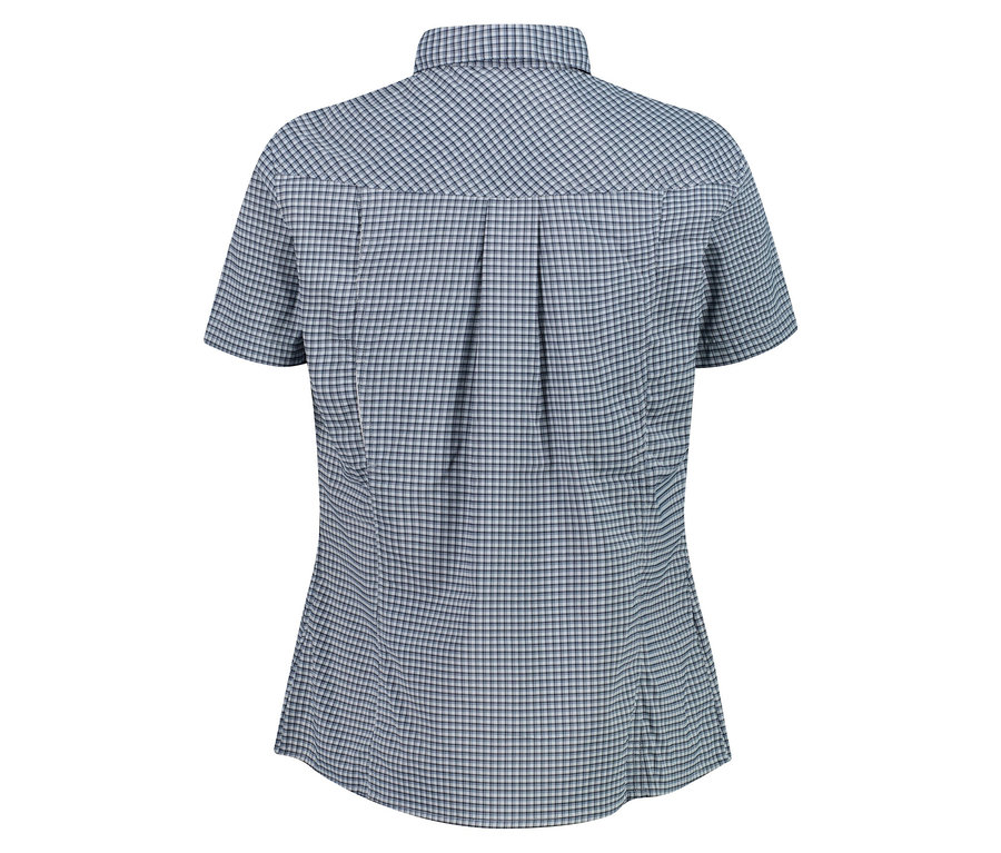 Hátulnézet egy kockás, karcsúsított, rövid ujjú ingről.