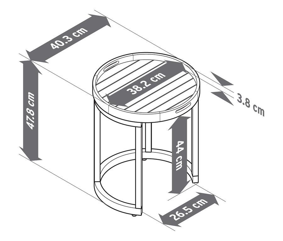 Vonalrajz egy kerti asztalról levehető tálcával, kb. 40 cm és 50 cm átmérővel, méretekkel.