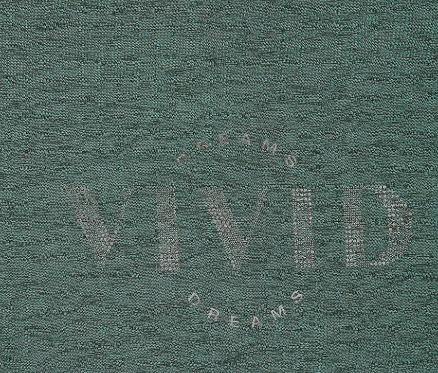 Közeli kép egy mentazöld szövetről, rajta ezüst színű "Vivid Dreams" felirattal.