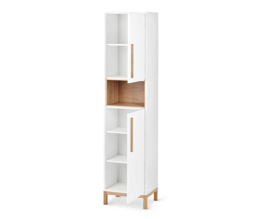 Fehér fürdőszobai szekrény »Eklund« nyitott ajtókkal és fa részletekkel.