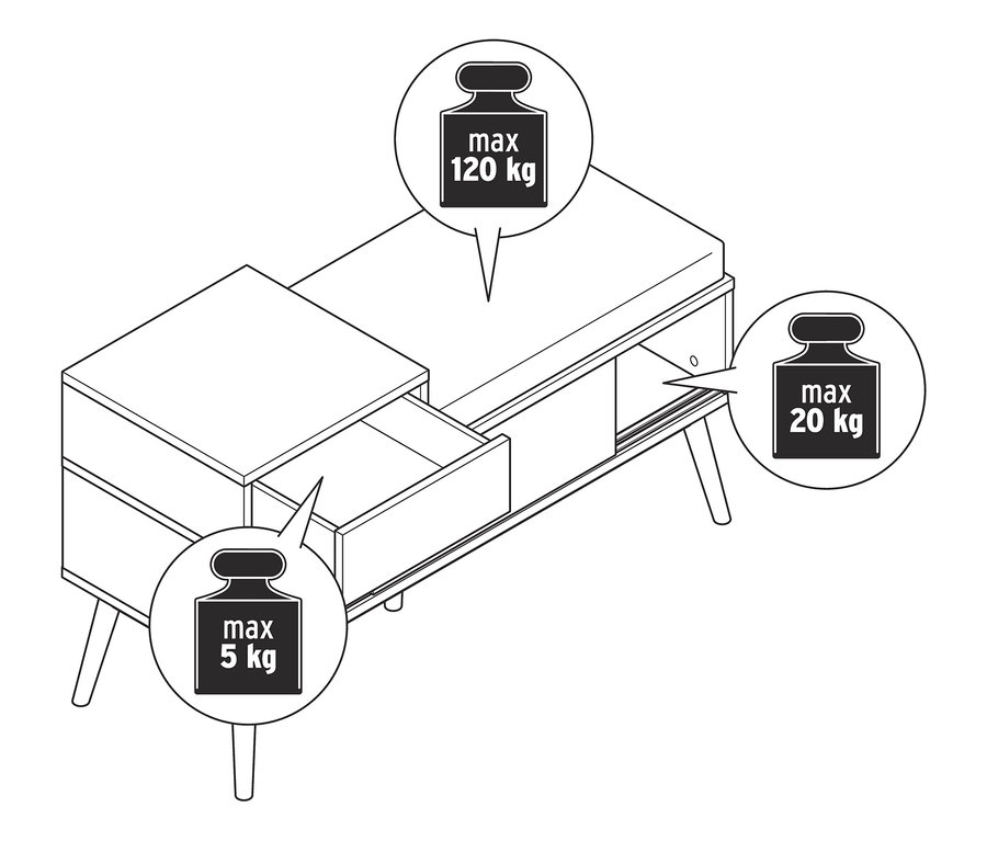 Egy ülőpad vázlata cipőtárolóval, egy fiókkal, melynek maximális terhelhetősége 5 kg, egy polccal, melynek terhelhetősége 20 kg, és egy 120 kg terhelhetőségű lappal.