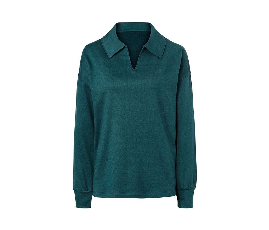 Zöld, hosszú ujjú, galléros női szabadidőfelső, TENCEL anyagból.