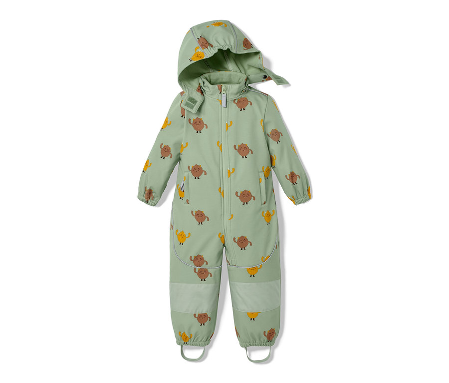 Zöld softshell kezeslábas, szörnyes mintával.