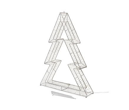 Egy ezüst színű, közepes méretű 3D LED-es fenyőfa fehér háttérrel.