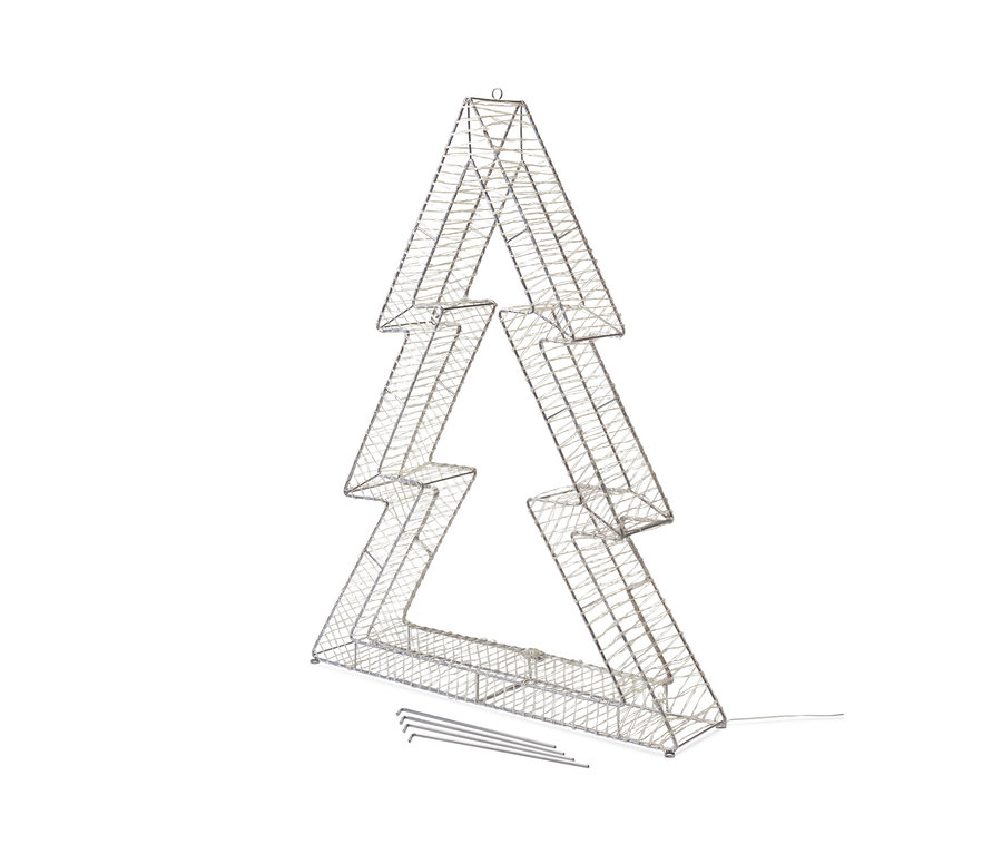 Egy ezüst színű, közepes méretű 3D LED-es fenyőfa fehér háttérrel.