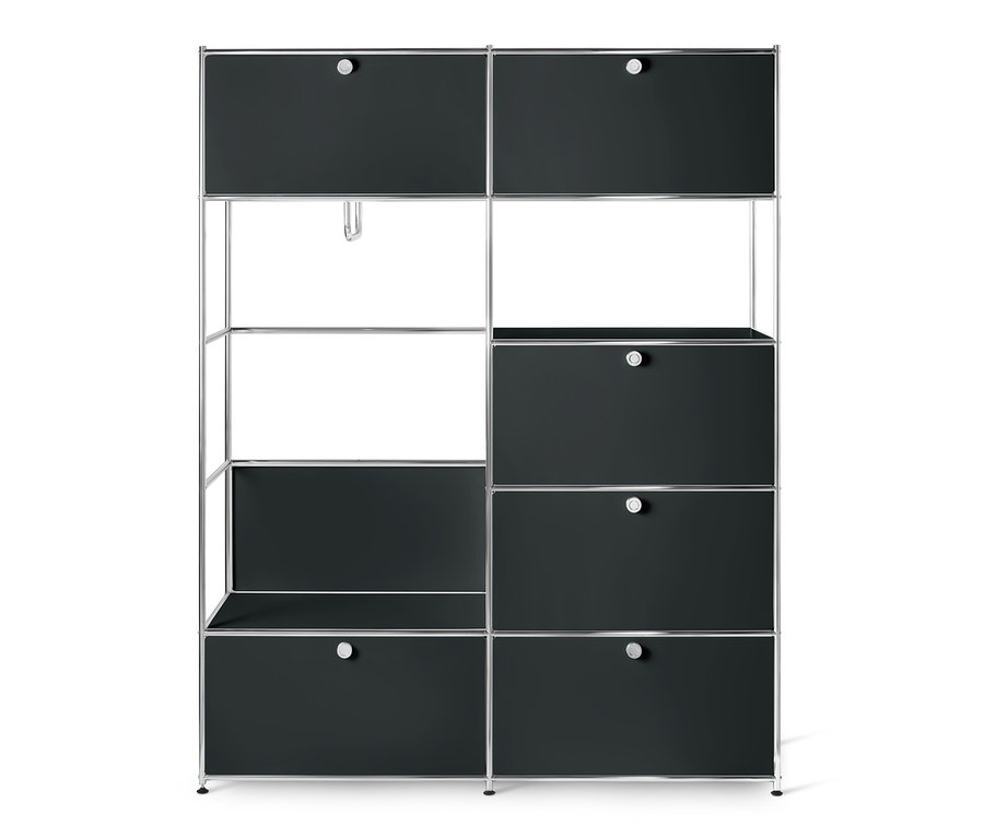 Fekete fém nyitott ruhásszekrény »CN3« polcokkal és fiókokkal.