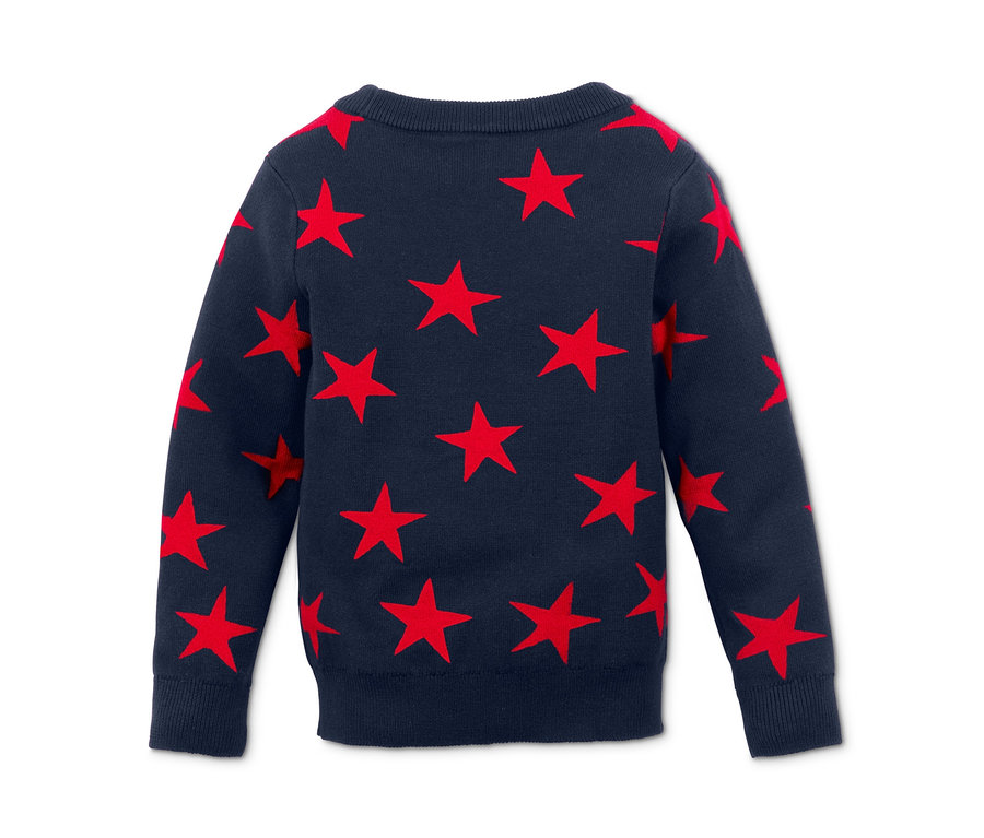 Tengerészkék, piros csillagos, finomkötésű pulóver.
