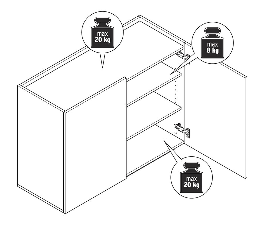 Egy szekrény rajza nyitott ajtókkal és 20 kg-os maximális terhelhetőséggel.