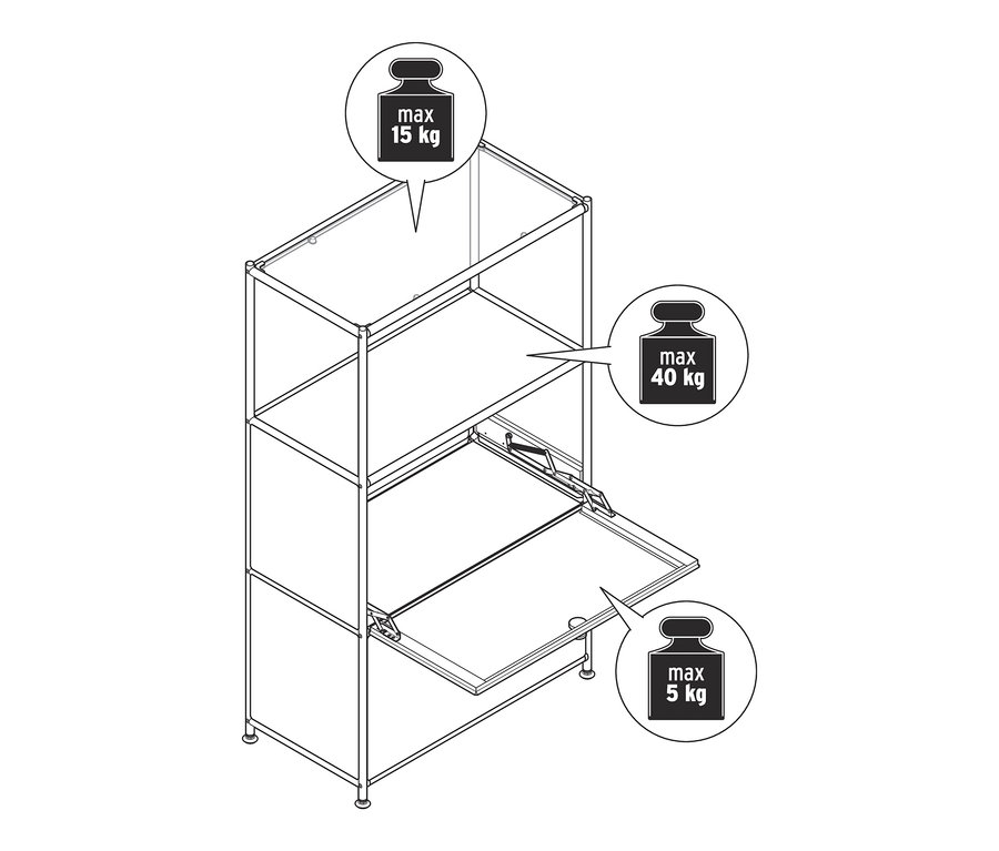 Egy vázlat egy fém »CN3« komódról, két lenyíló ajtóval. A felső polc maximális terhelhetősége 15 kg, a középső polcé 40 kg, a lenyíló ajtóké pedig 5 kg.