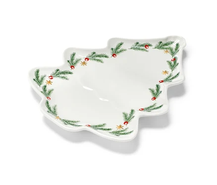 Fenyőfa alakú porcelán tálalótál, 22x16,5 cm-es, ágakkal és bogyókkal díszítve.