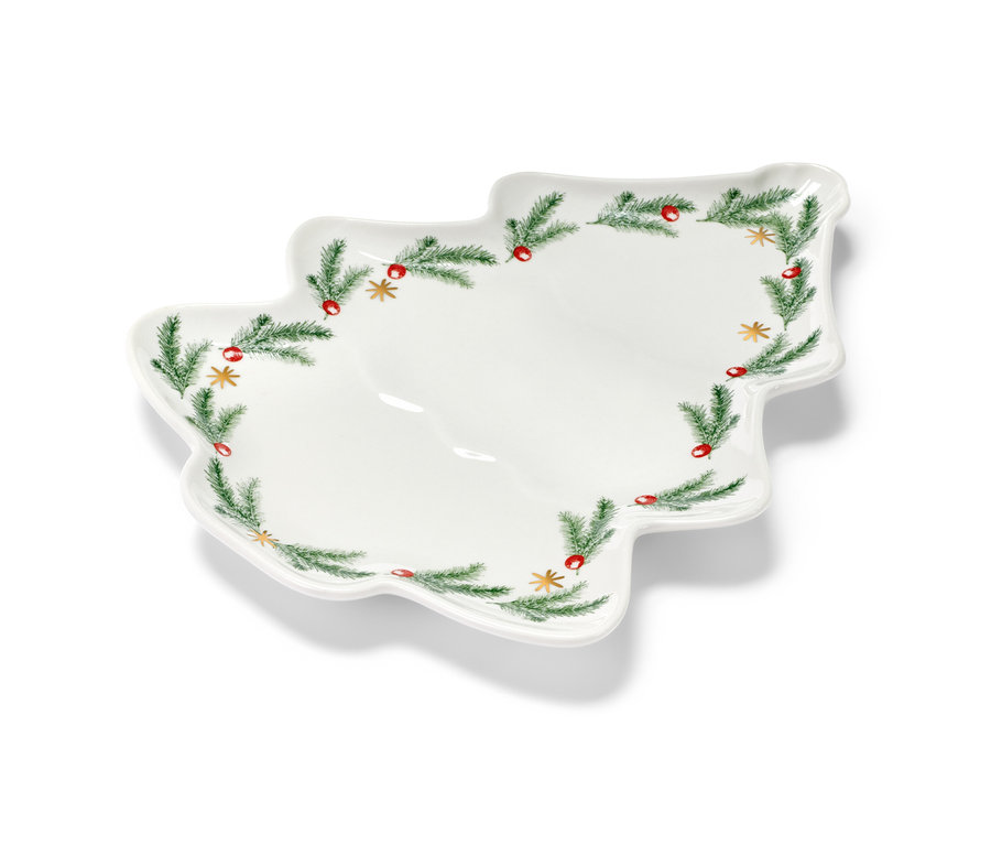 Fenyőfa alakú porcelán tálalótál, 22x16,5 cm-es, ágakkal és bogyókkal díszítve.