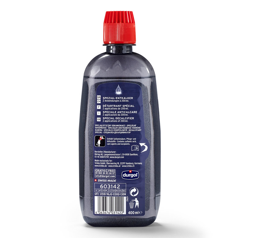 Egy üveg durgol® speciális vízkőmentesítő, 400 ml, piros kupakkal.