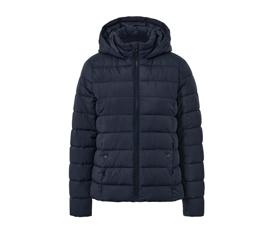 Sötétkék, kapucnis, steppelt kabát cipzárral.