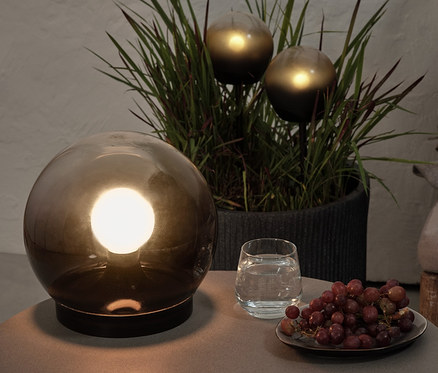 Az asztalon egy füstüveg gömblámpa, egy pohár víz és szőlő található. A háttérben egy virágcserépben 2 db LED-es gömblámpa látható.