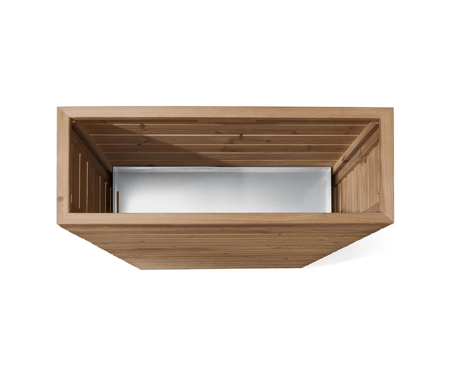 Felülnézet egy »Tinus« térelválasztó virágládáról, fém betéttel.