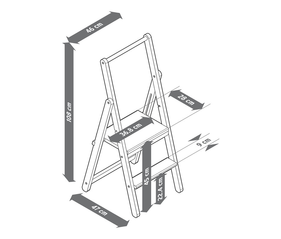 Vázlat tömörfa létráról, méretekkel.