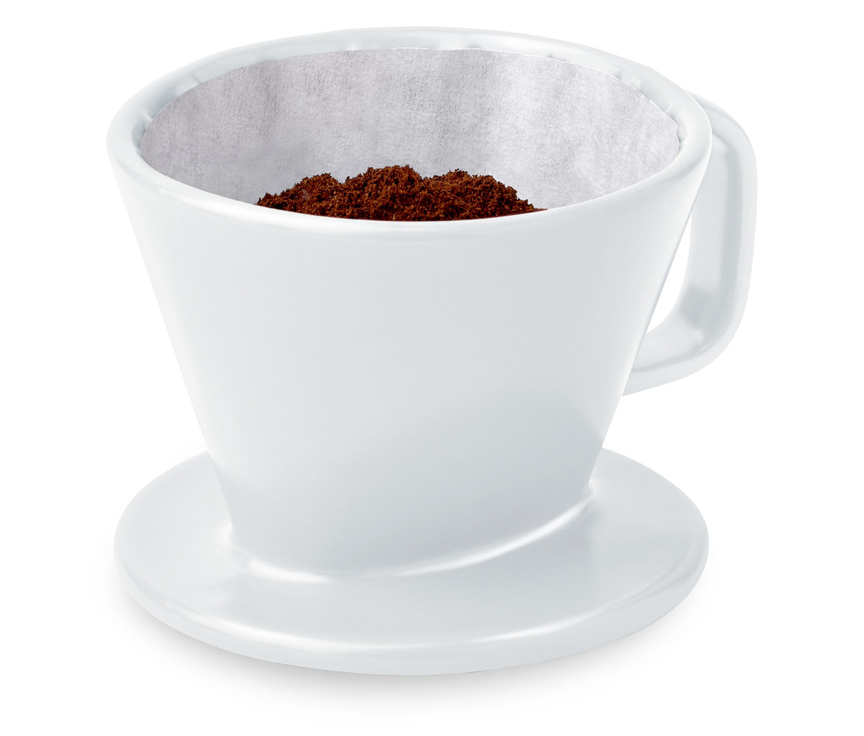 Egy fehér, 101-es méretű kézi kávéfilter papírfilterrel és őrölt kávéval.