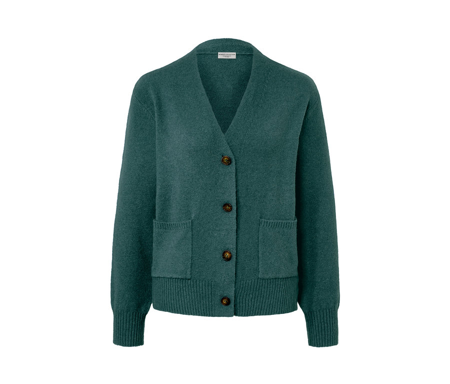 Sötétzöld kötött kardigán gyapjúval, gombokkal és zsebekkel.