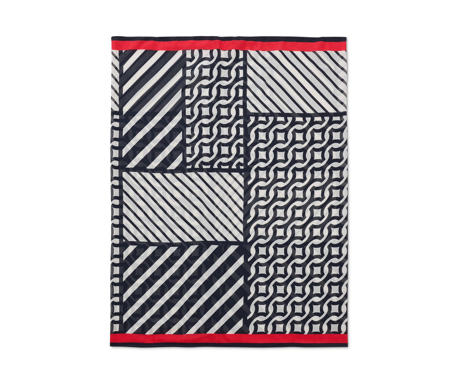 Geometrikus mintás, piros szegélyű női csősál, sötétkék/krémfehér/piros.