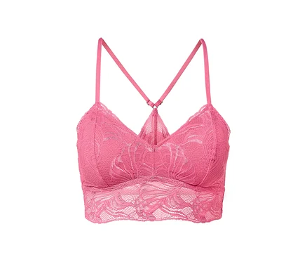 Egy rózsaszín csipkés bustier melltartó részlete.
